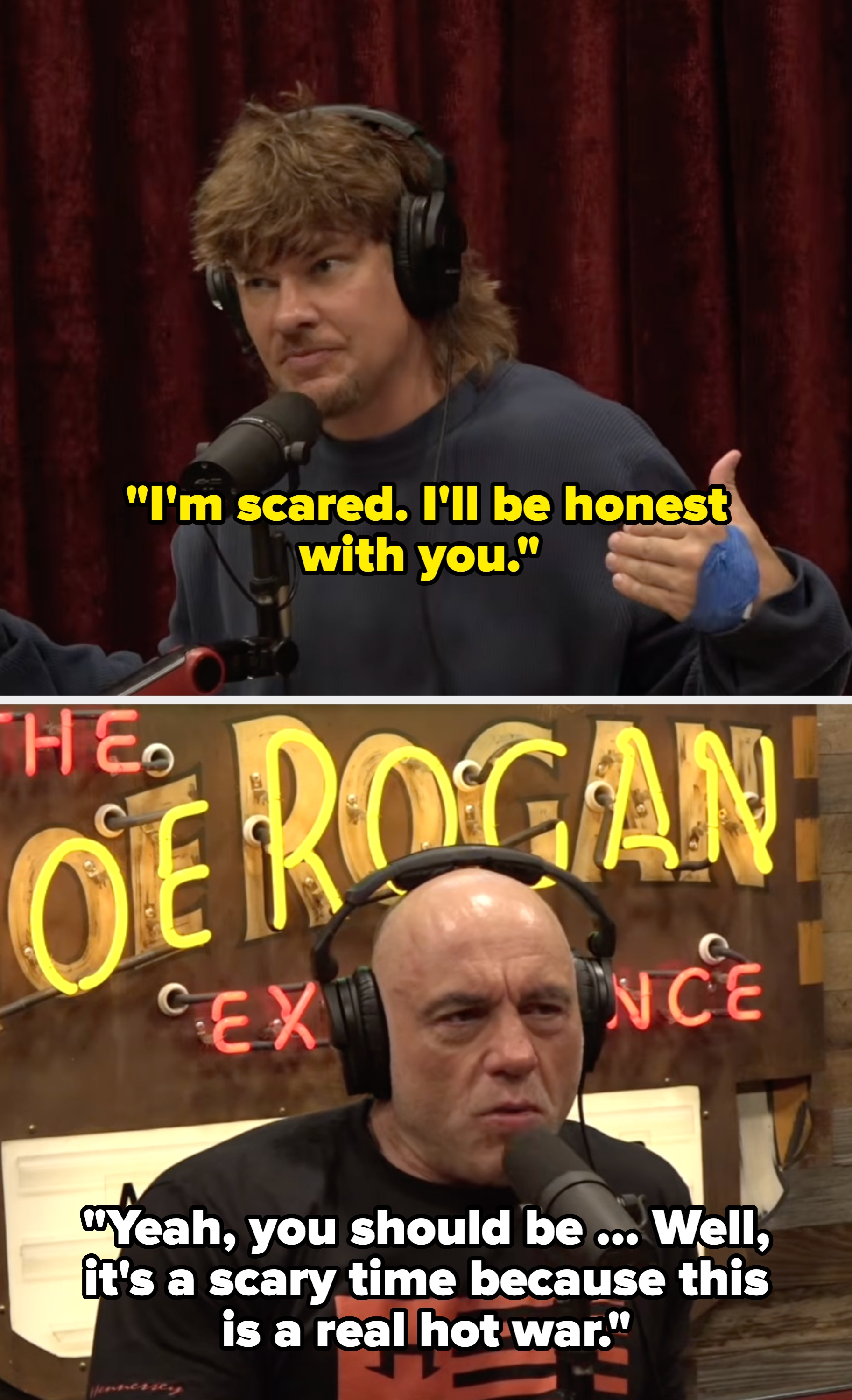 Person wearing headphones speaking into a microphone during a podcast, gesturing with hands. They deterioration  a casual outfit