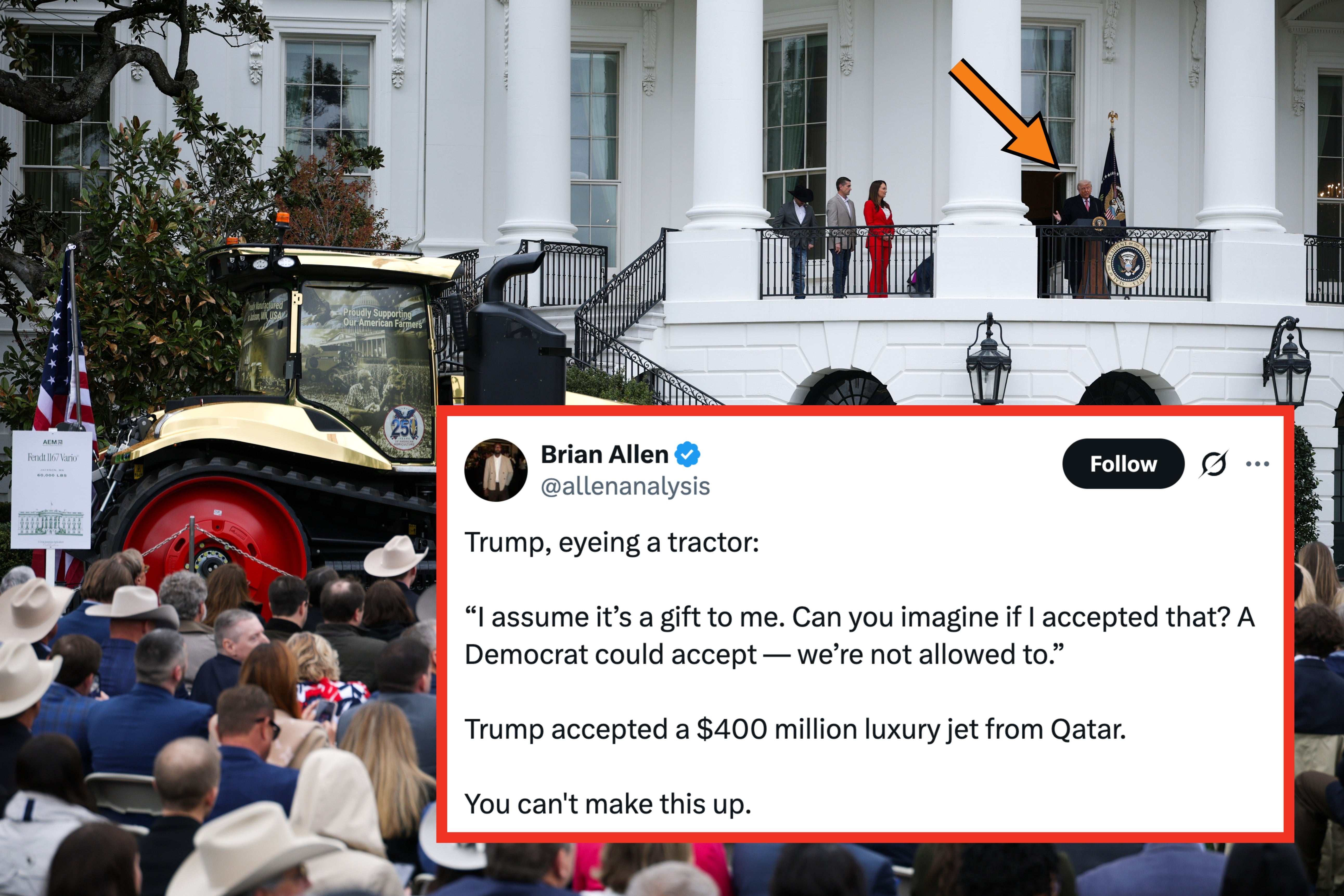 En stor folkemengde samles nær en gyllen traktor på et utendørsarrangement foran en regjeringsbygning, med tjenestemenn som snakker på en balkong