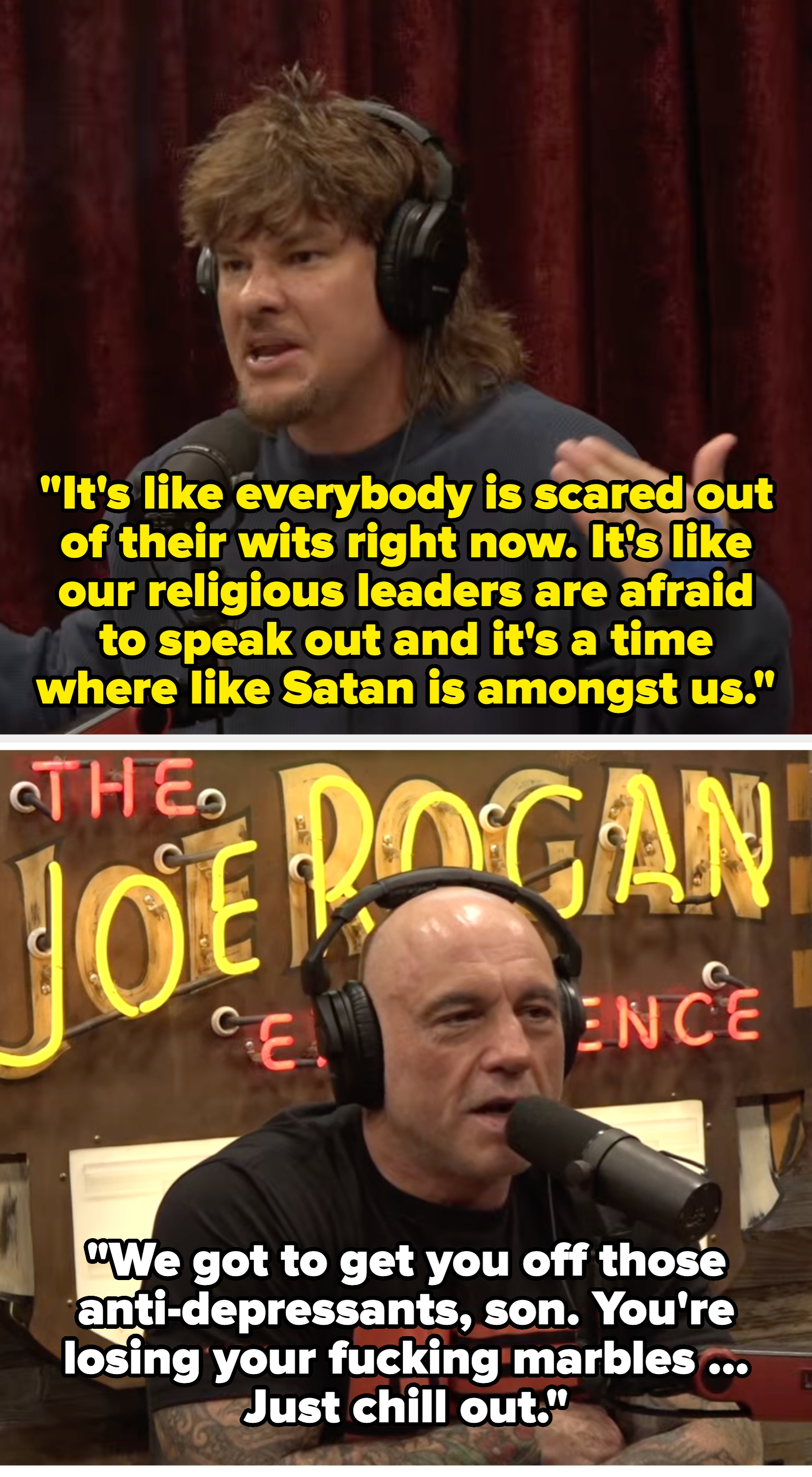 Person speaking passionately into a microphone, wearing headphones and a long-sleeve shirt, gesturing with hands