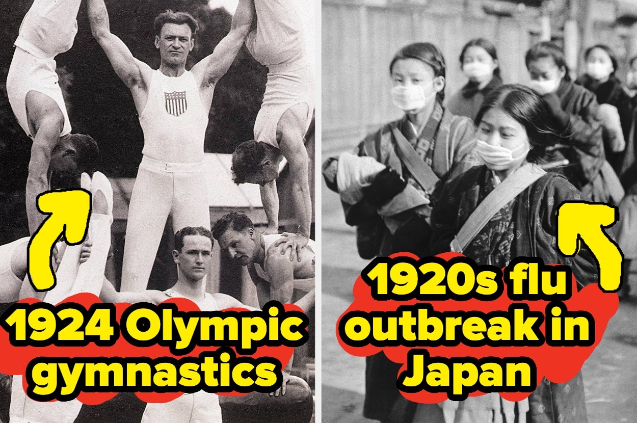 A collage showing 1924 Olympic gymnasts on the left and masked individuals during the 1920s flu outbreak in Japan on the right