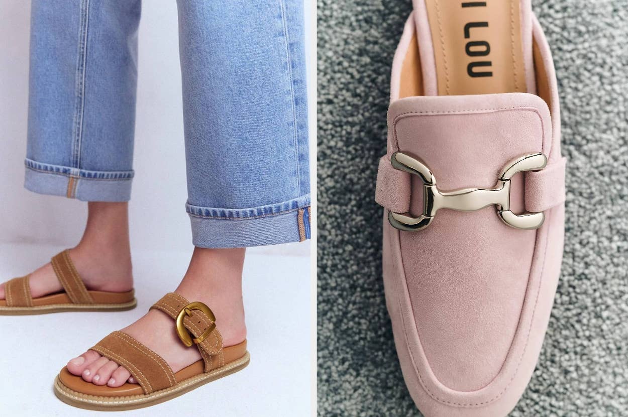 Two shoe styles: left, sandals with a buckle; right, pink loafers with metal detailing, displayed on a carpet. Great for casual shopping style