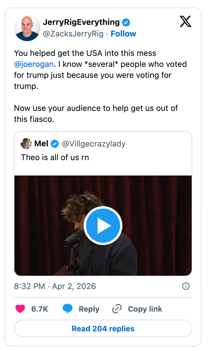 Social media station  by @ZacksJerryRig astir  Joe Rogan and Trump, urging audiences for help. Includes a video nexus  tweeted by @Villgecrazylady