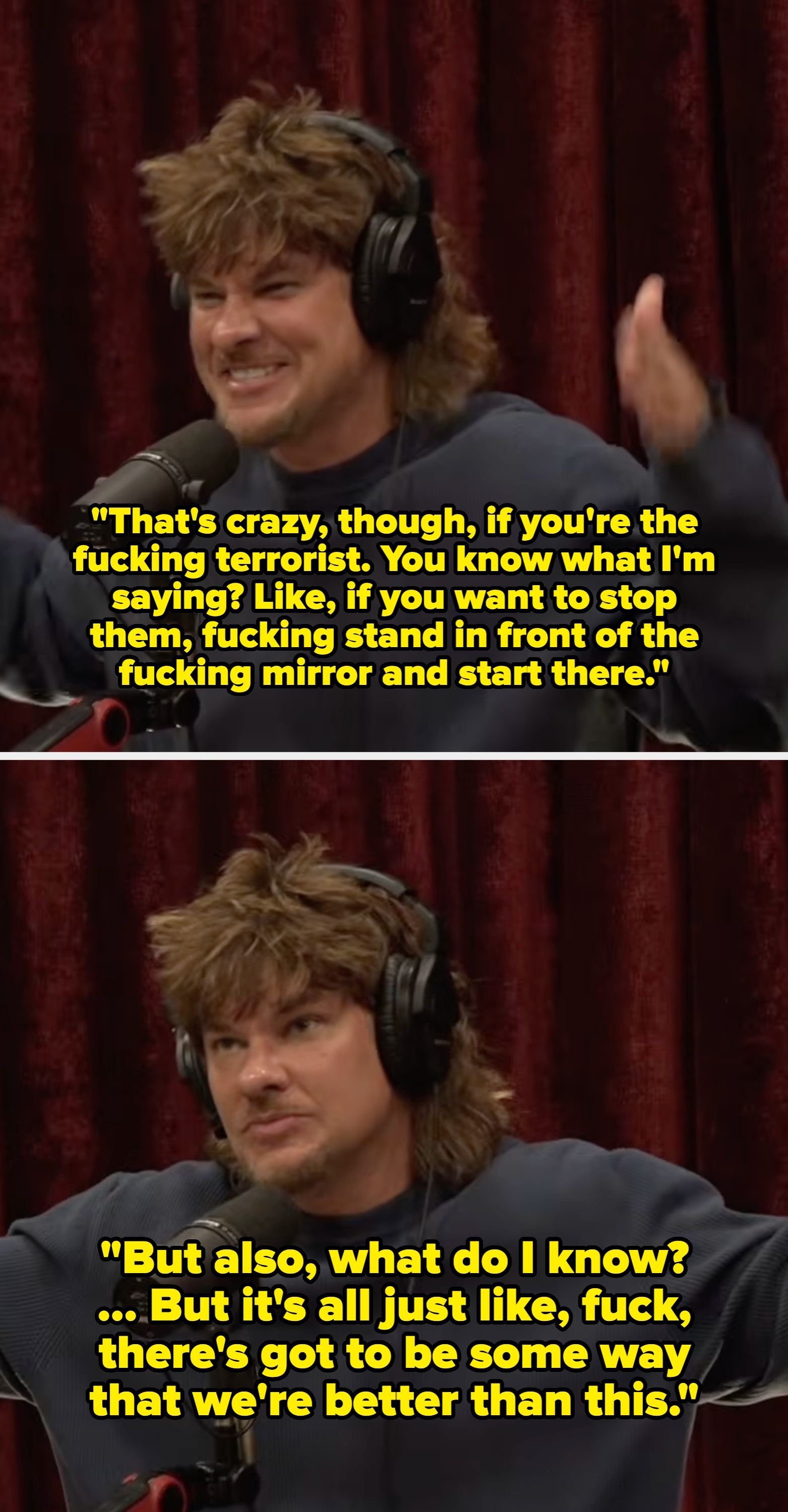 Person successful  a podcast studio, wearing headphones, gesturing energetically portion    speaking into a microphone