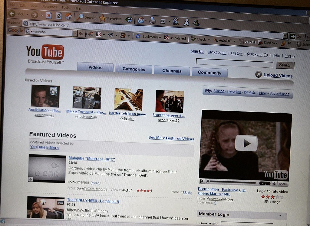 Old YouTube homepage displaying assorted featured videos and categories successful Internet Explorer browser