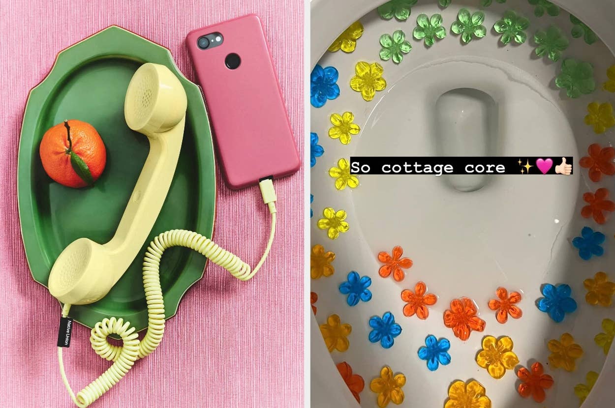 Retro rotary phone handset with smartphone and orange on a tray; colorful flower decorations around a toilet rim with text: "So cottage core ✨??"