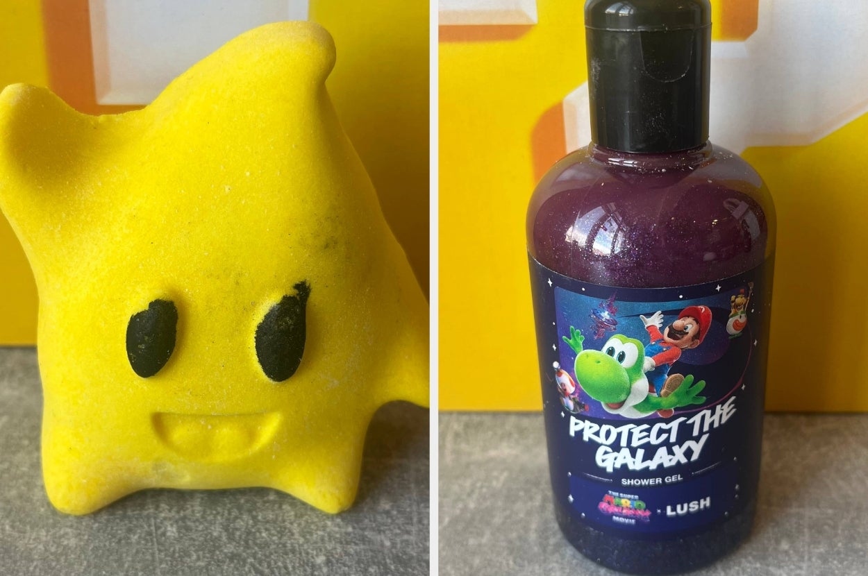 Star-shaped soap next to Lush "Protect The Galaxy" shower gel with a Yoshi theme
