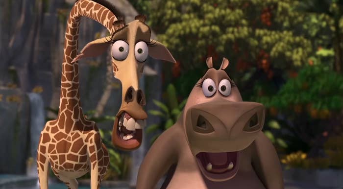 Melman and Gloria look surprised in a scene from "Madagascar"