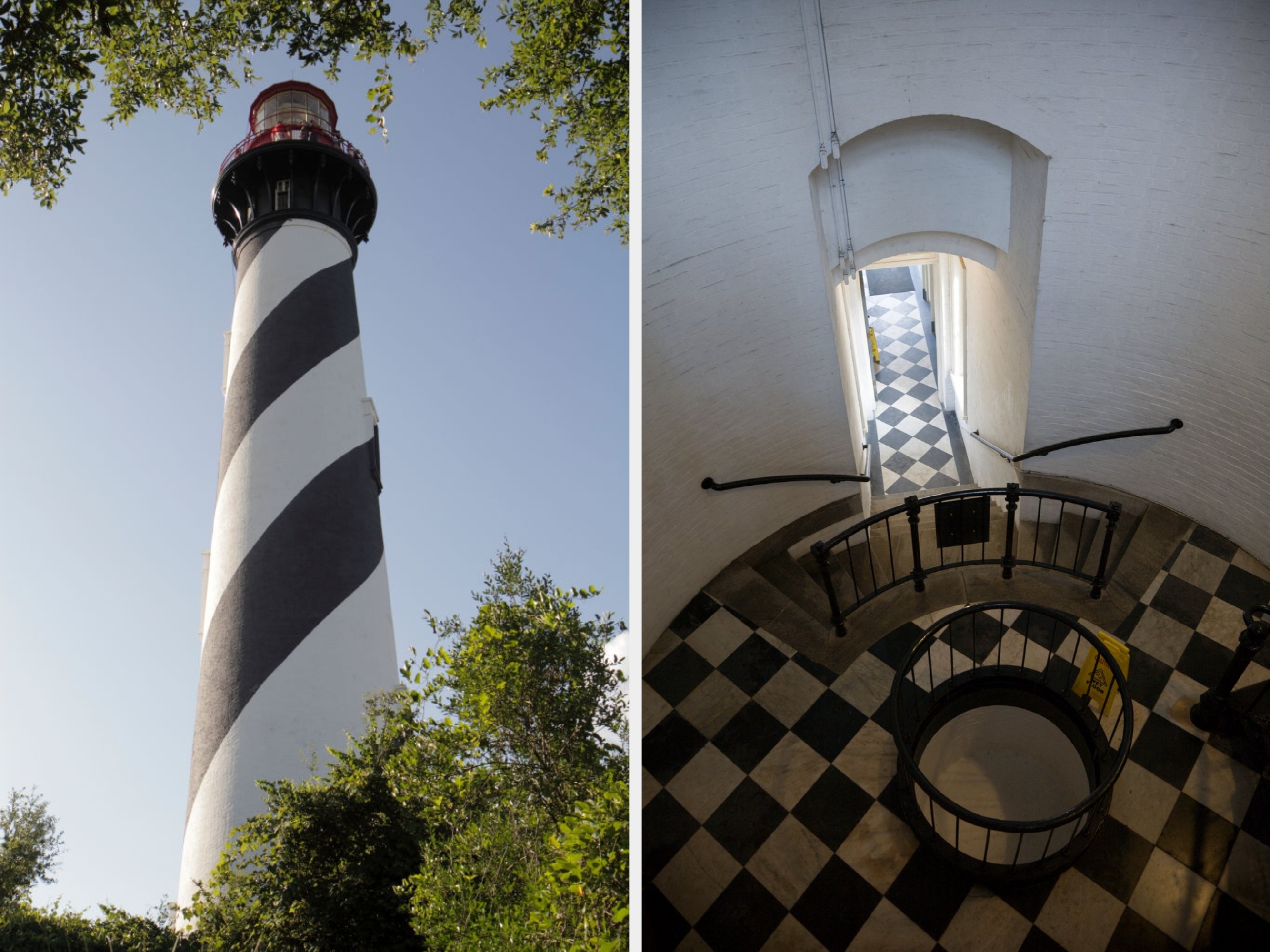 Tall lighthouse with a spiral pattern, surrounded by trees, seen from beneath against a wide sky