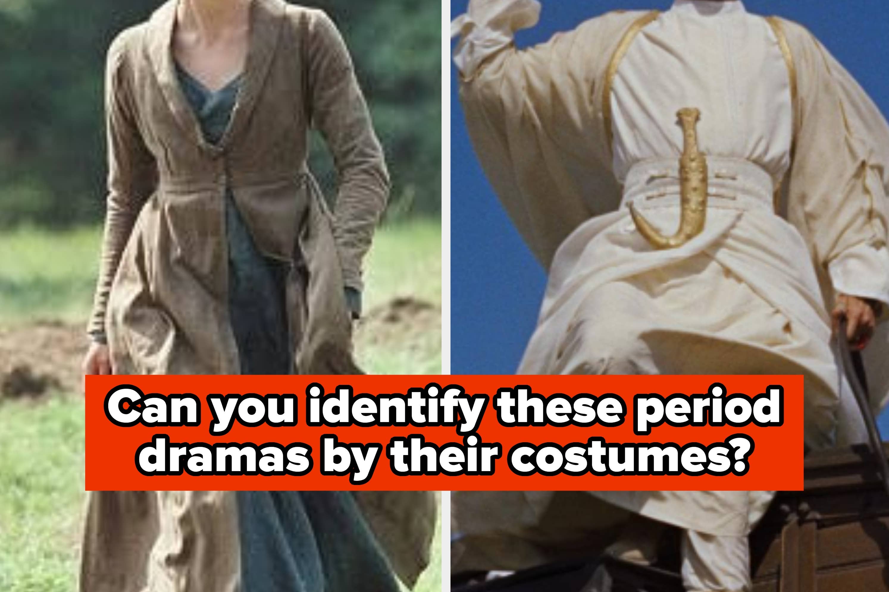 Two costumes from historical drama films: one with royal fur trim and one with white desert robes. Text asks which films feature these costumes