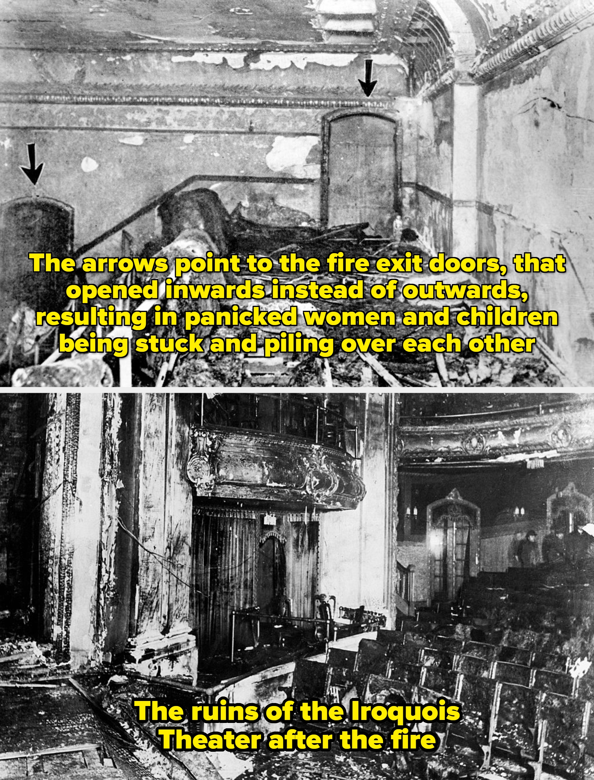 Old, damaged theatre interior with debris connected the level and 2 arched doorways marked by arrows. Peeling walls and deteriorated architectural details