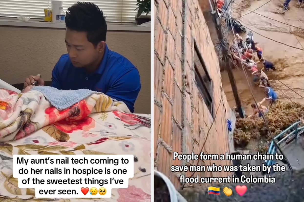 Image on left: A person attentively doing nails for someone in hospice. Image on right: A human chain rescues man from flood in Colombia