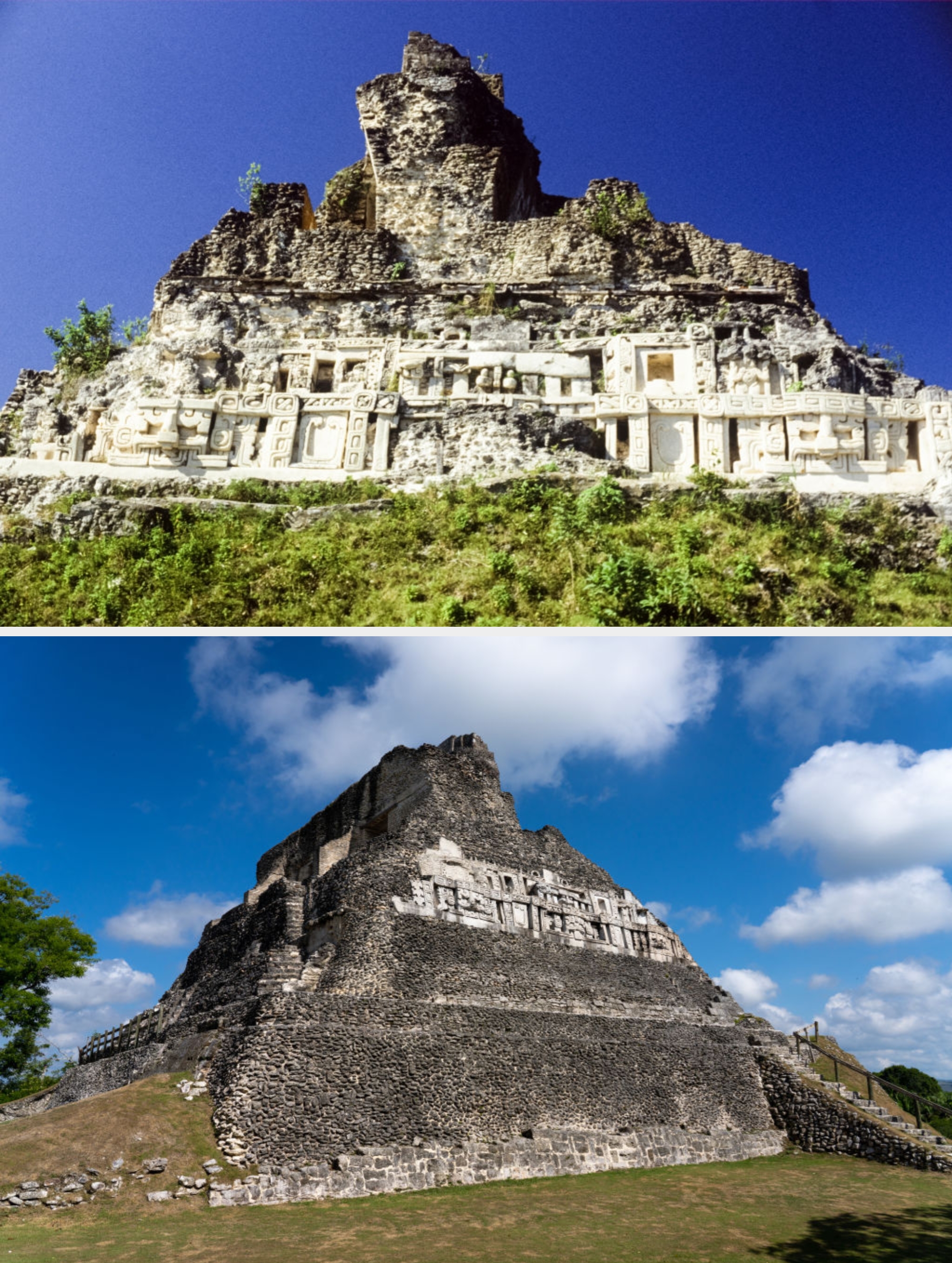 Ancient chromatic Maya temple with intricate carvings and lush greenery astatine the base