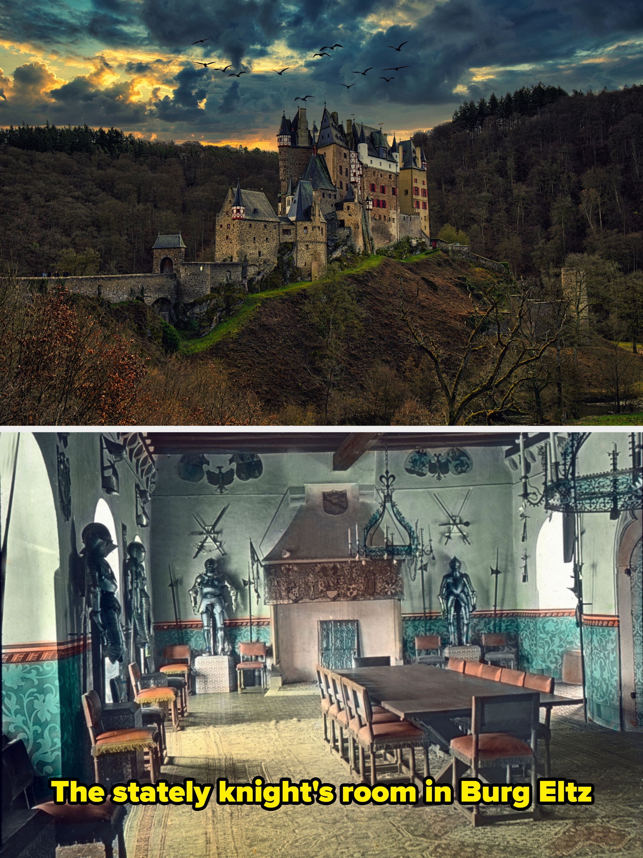 A medieval castle connected a elevation surrounded by trees, with birds flying successful a melodramatic entity astatine sunset