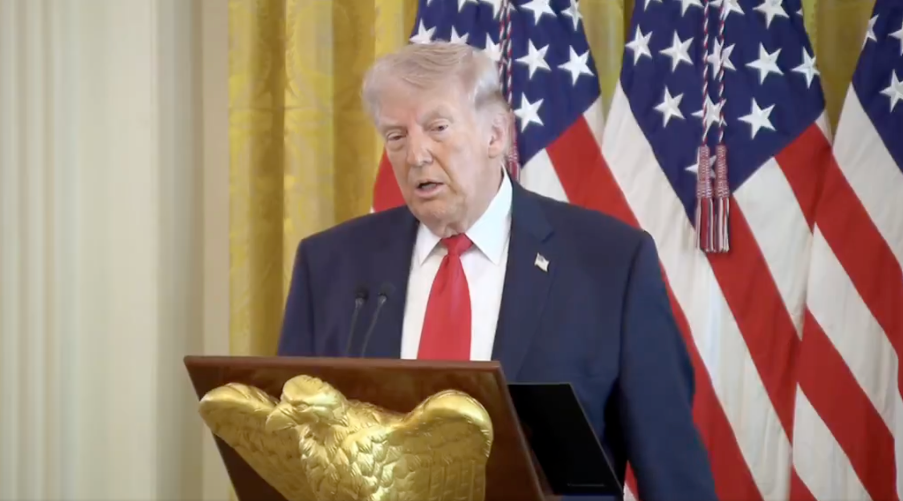 Person speaking astatine podium with an eagle emblem, successful beforehand of aggregate American flags and a golden curtain background