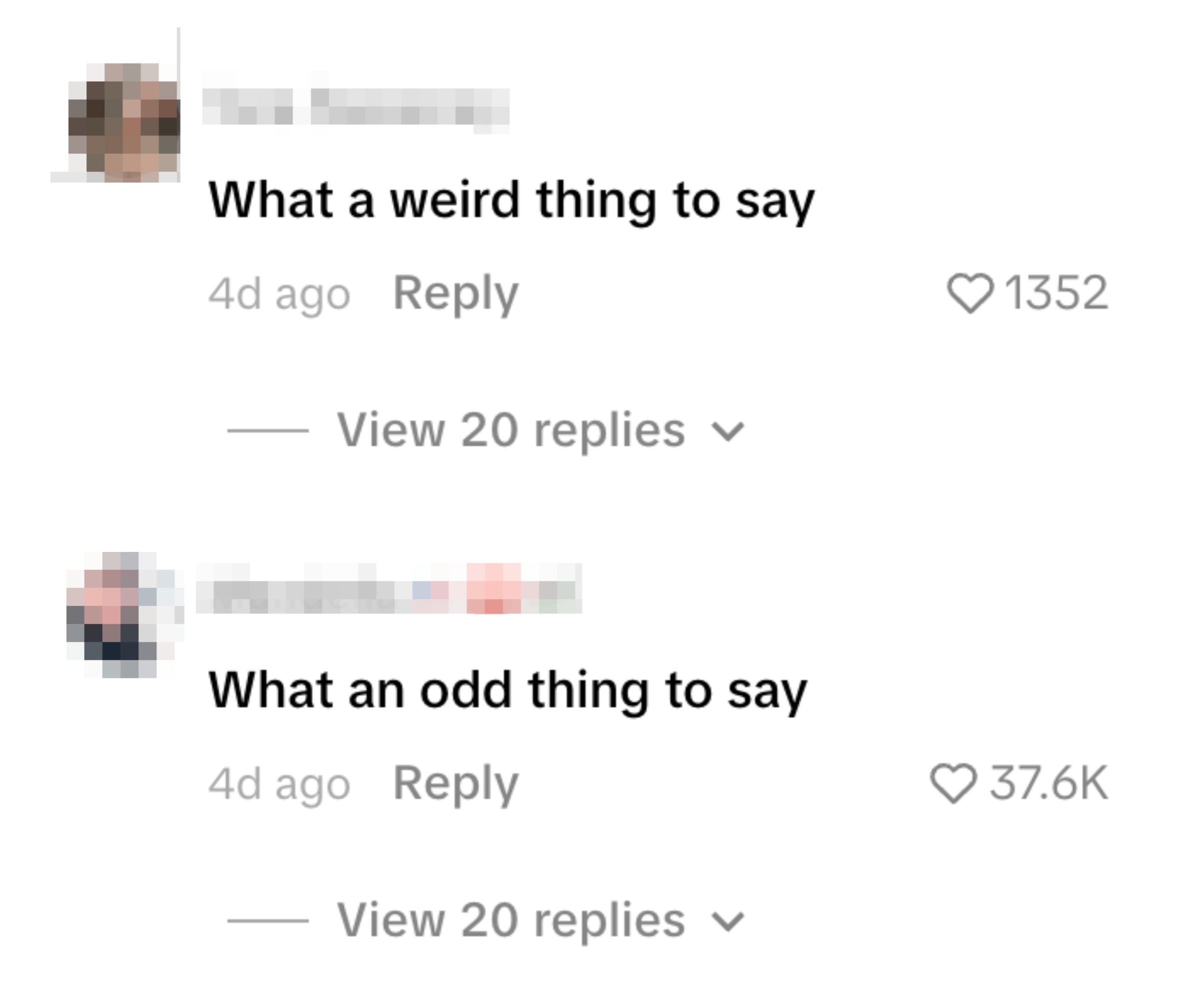 Kommentarer på sosiale medier: "For en merkelig ting å si" med 1352 likes, og "For en merkelig ting å si" med 37.6K likes