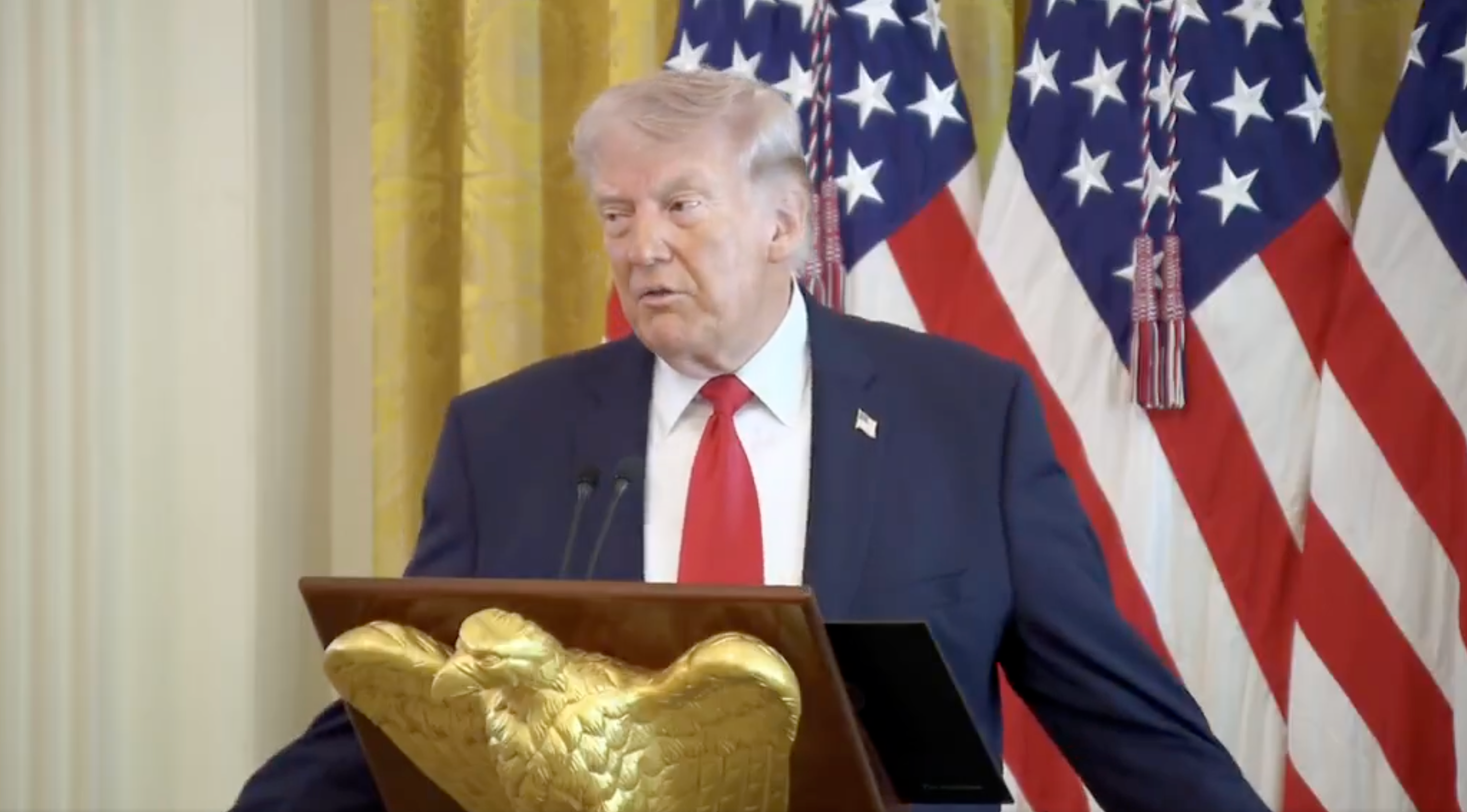 A idiosyncratic successful a suit speaks astatine a podium adorned with an eagle emblem, successful beforehand of American flags