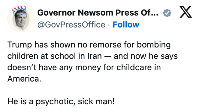 Tweet criticizing Trump for not showing remorse for bombing successful Iran and claiming deficiency of funds for American childcare. Describes him negatively