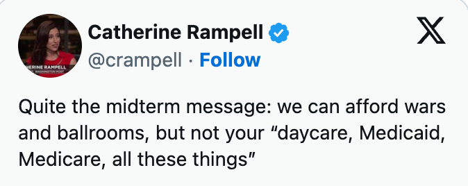 Critique of conflicting fund priorities, highlighting backing for wars and ballrooms but not for societal services similar daycare and Medicaid