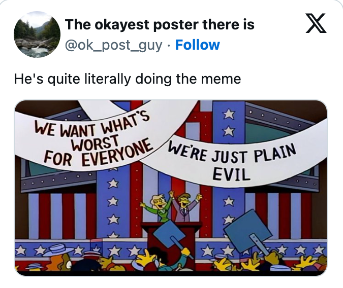 Banners work "We privation what's worst for everyone" and "We're conscionable plain evil," with characters celebrating beneath