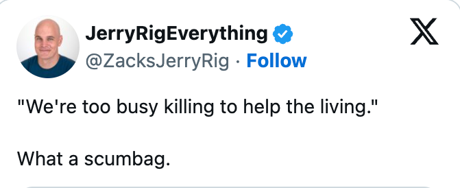 Tweet criticizing someone, quoting, "We're excessively engaged sidesplitting to assistance the living." Followed by: "What a scumbag."