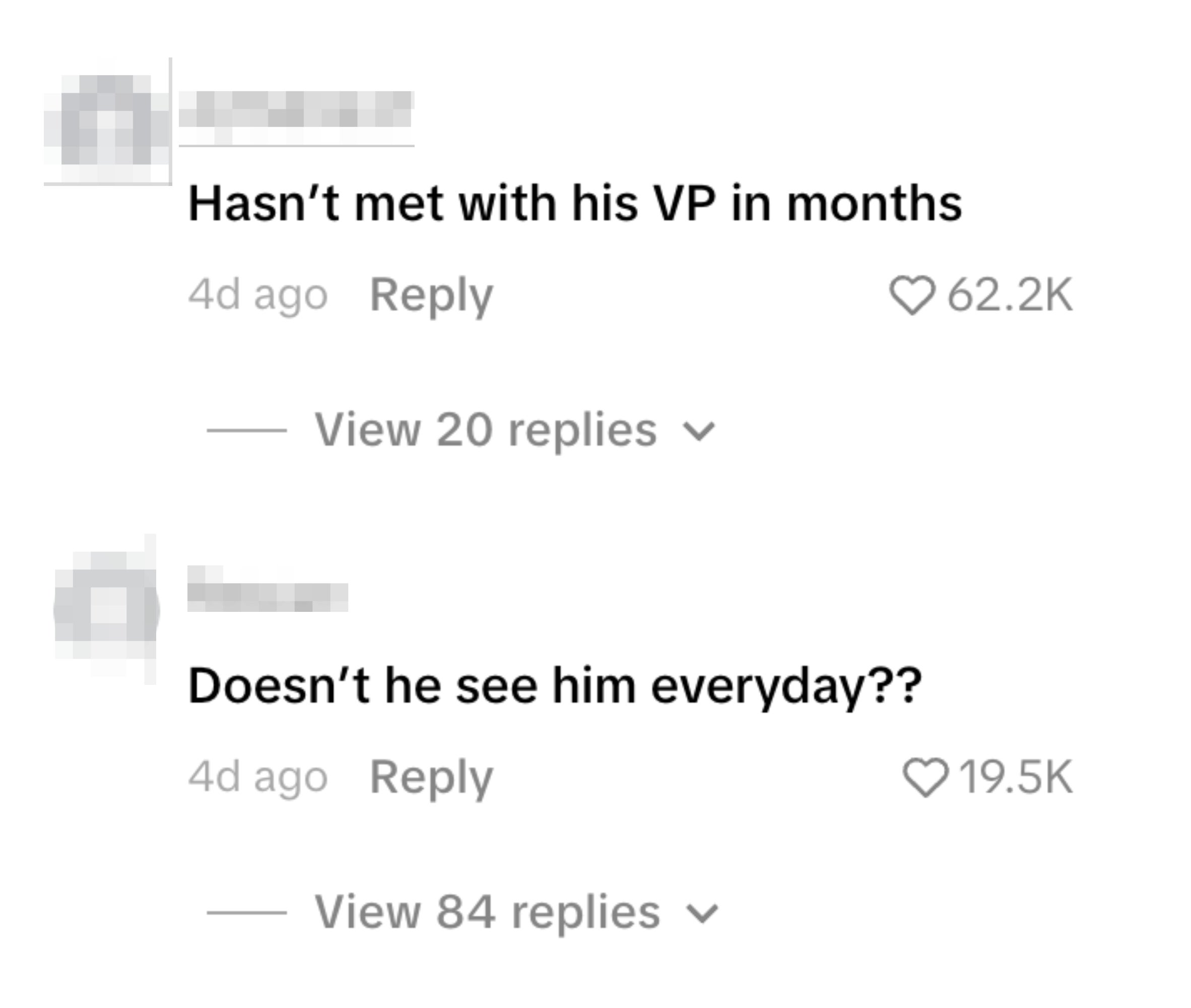 Kommentarer på sosiale medier som diskuterer noens fravær av møter med sin VP, og stiller spørsmål ved daglige møter