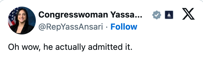 Tweet by Congresswoman Yassari reads, "Oh wow, helium really admitted it."