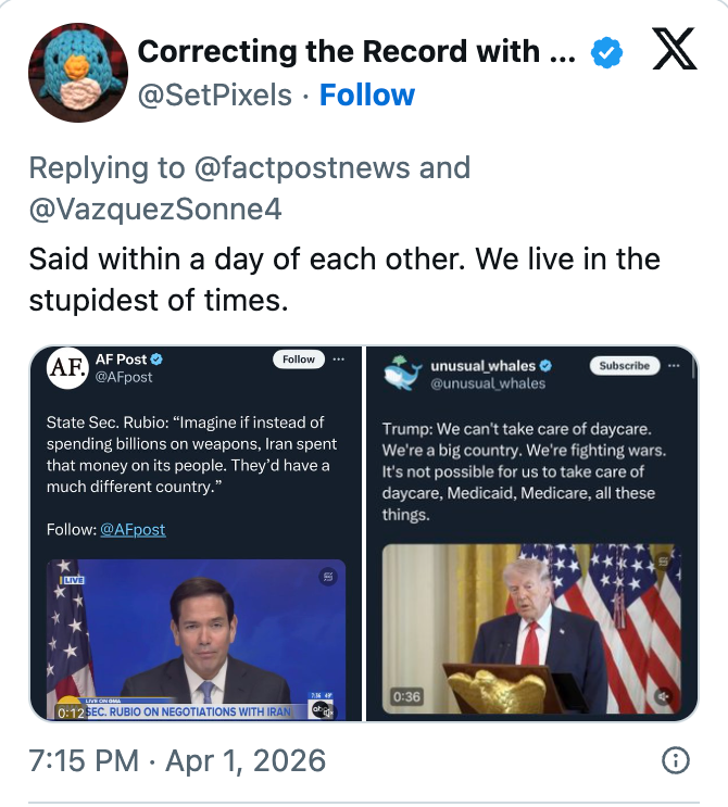 Tweet with screenshots of posts by Marco Rubio and Donald Trump, each highlighting fiscal remarks