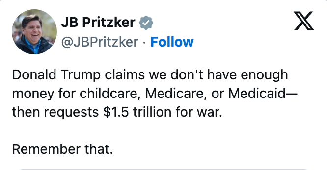 Criticizes Trump for prioritizing $1.5 trillion warfare backing implicit childcare and healthcare