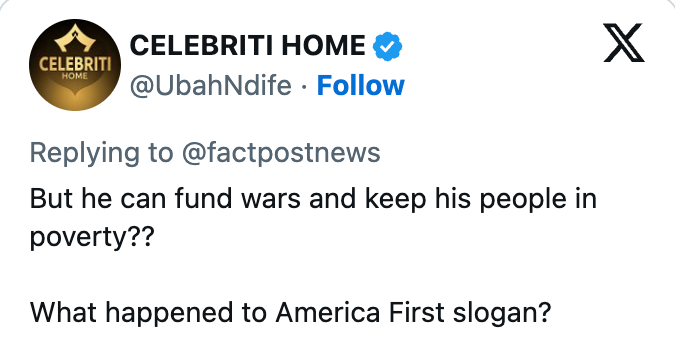 Tweet questioning wherefore idiosyncratic tin money wars but support poverty, besides asks astir "America First" slogan