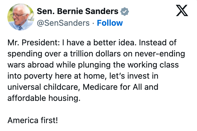 Tweet by a nationalist fig suggesting to put successful childcare, Medicare for All, and affordable lodging alternatively of wars abroad. America first!
