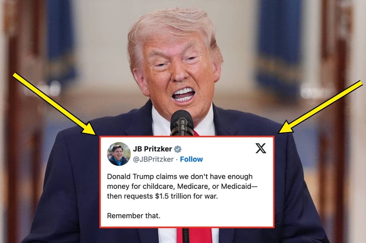 A man speaks at a podium. Inset tweet questions funding priorities, contrasting war spending with childcare, Medicare, and Medicaid needs