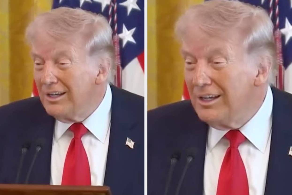 Two side-by-side images of a man in a suit and red tie speaking at a podium with flags in the background