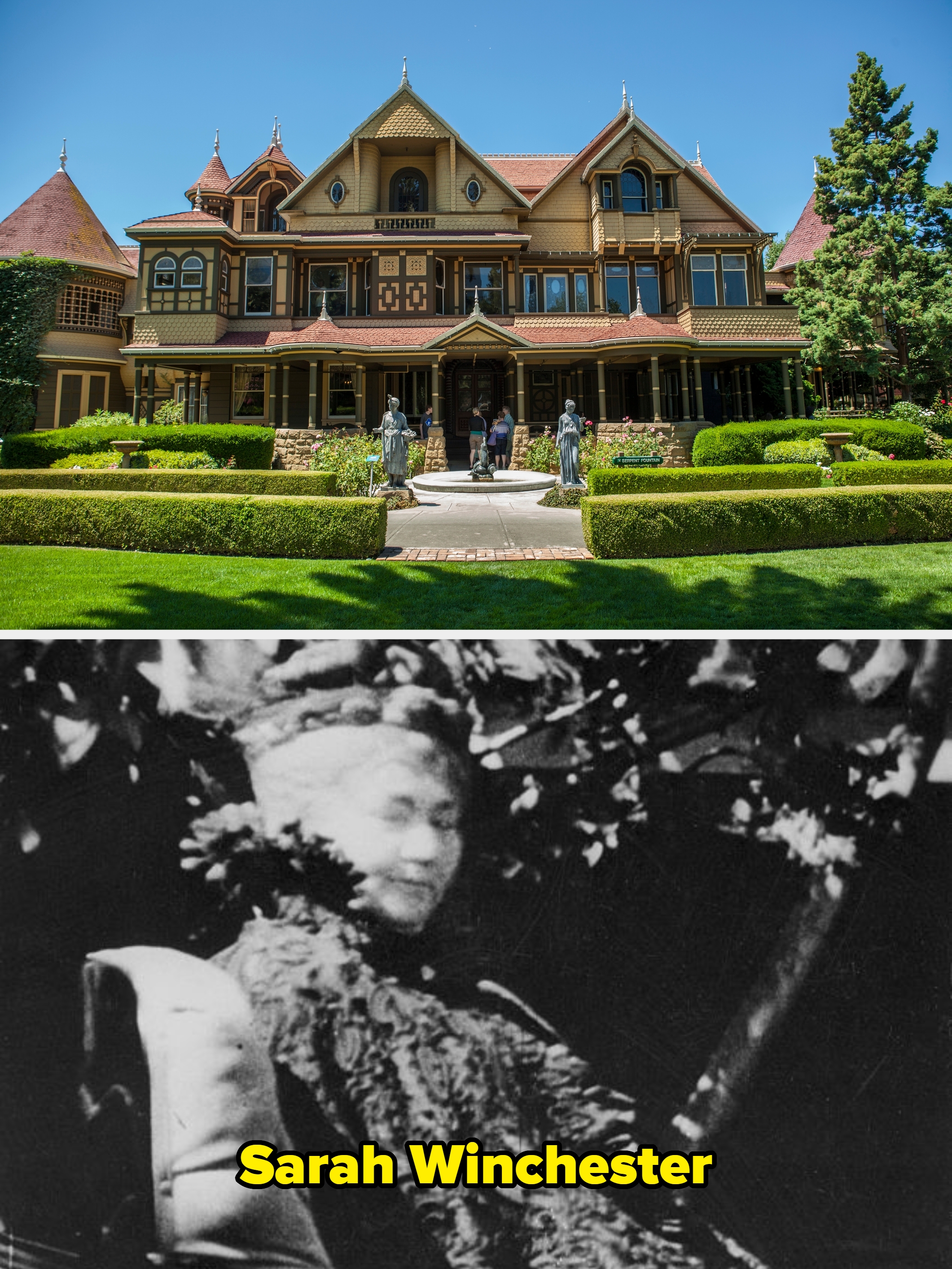 The Winchester Mystery House, a large, ornate Victorian mansion with statues successful front, acceptable amid well-maintained gardens