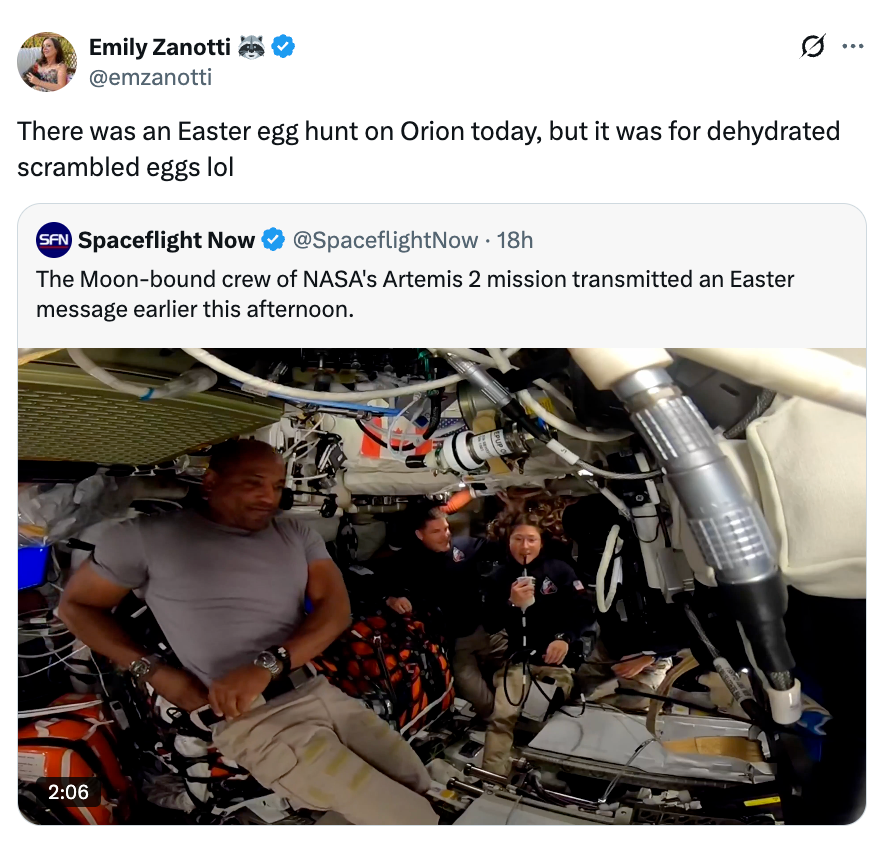Image shows NASA’s Artemis 2 unit wrong a spacecraft, pictured with ngo gear. A tweet supra jokes astir an Easter ovum hunt for dehydrated eggs