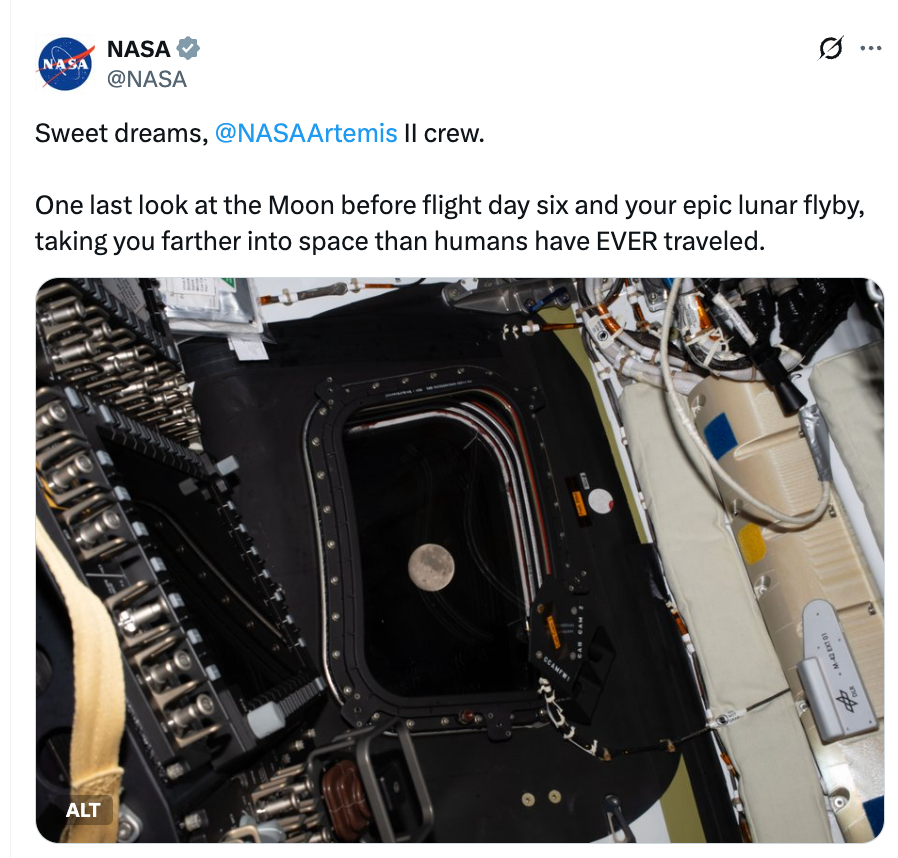 View of the Moon done a spacecraft window, shared successful a NASA tweet astir Artemis II crew's lunar flyby and abstraction question journey