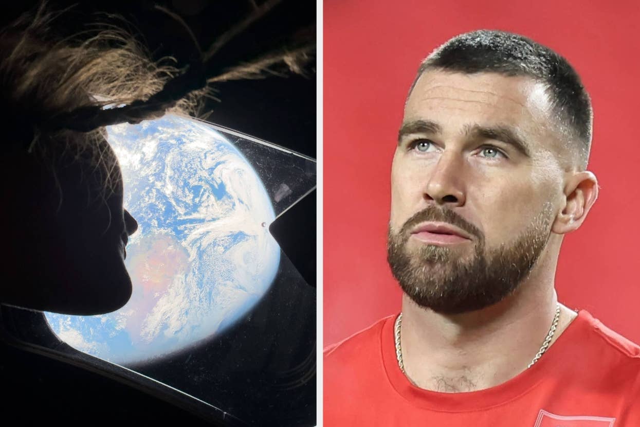 Silhouette of a person looking out at Earth from space; portrait of a man with a beard and short hair wearing a sports jersey