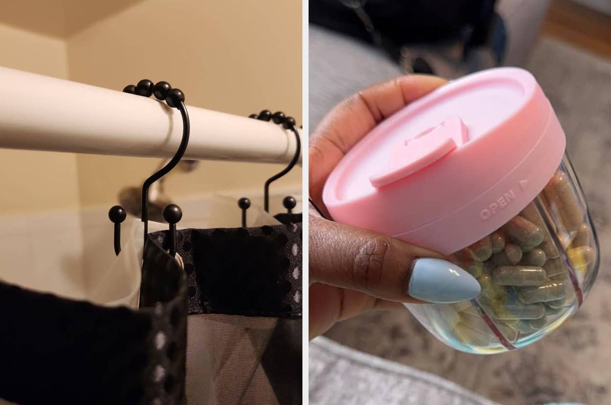 Shower curtain hooks on a rod (left) and a person holding a pink pill organizer with capsules (right)