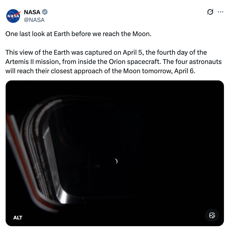Image shows a presumption of Earth from wrong the Orion spacecraft during the Artemis II ngo connected April 5, earlier reaching the Moon