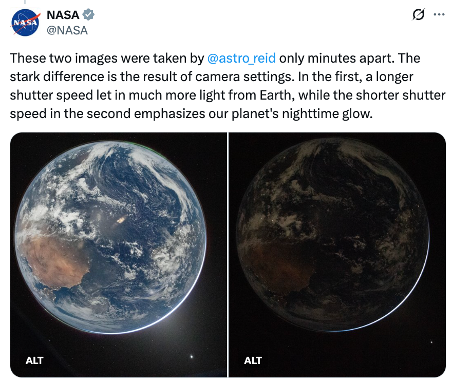 Two Earth images with varying brightness owed to antithetic shutter speeds; archetypal is brighter, emphasizing Earth’s glow