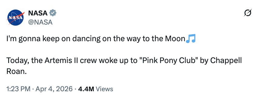 NASA tweet astir Artemis II unit waking up to "Pink Pony Club" by Chappell Roan, gaining implicit 4.4 cardinal views