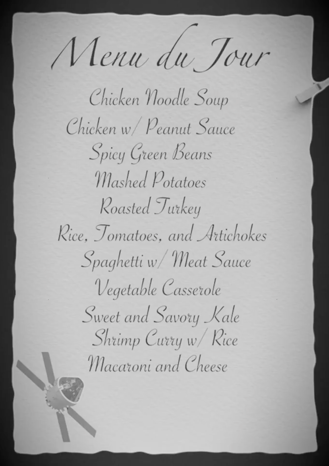 Chicken Noodle Soup, Chicken w/ Peanut Sauce, Spicy Green Beans, Mashed Potatoes, Roasted Turkey, and much dishes listed