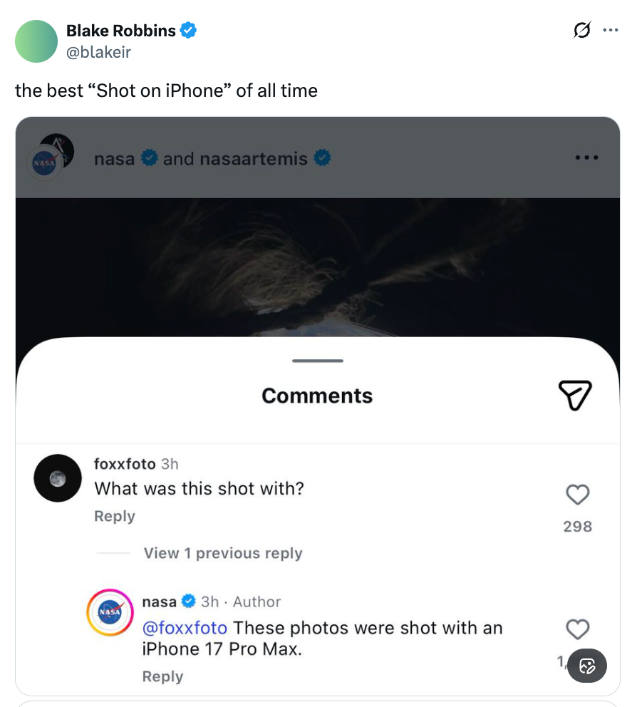 A tweet by Blake Robbins showing an amusing speech betwixt a idiosyncratic and NASA astir iPhone photography