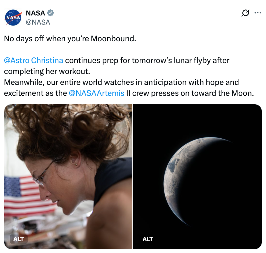 Woman moving retired and broadside presumption of the Moon. Text discusses astronaut Christina's mentation for a lunar flyby with the Artemis II mission