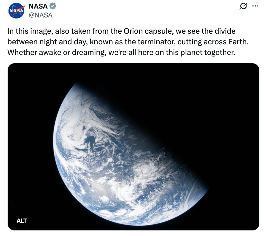 View from Orion capsule shows Earth's terminator, the enactment betwixt time and night, illustrating our shared beingness connected the planet