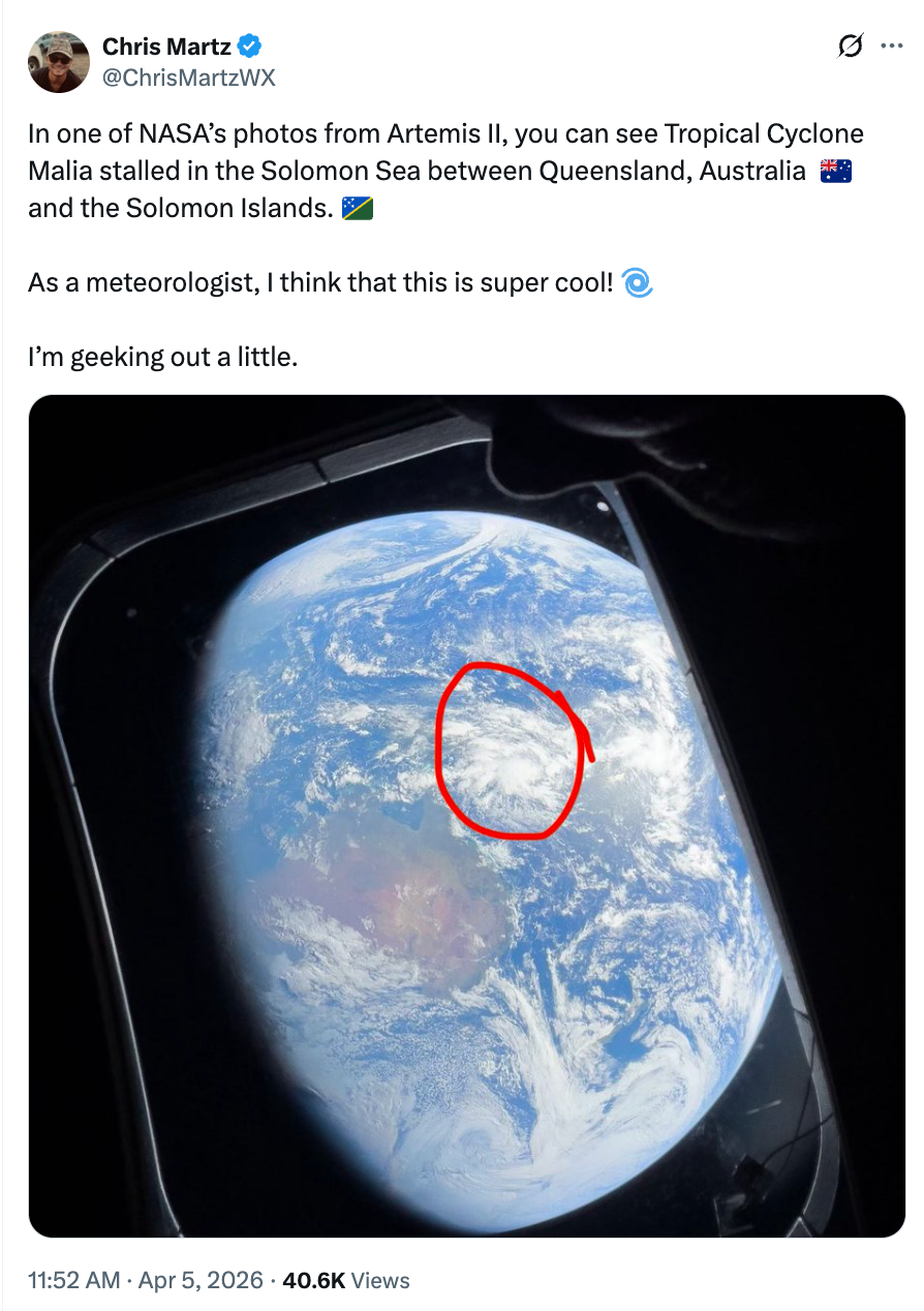 View from abstraction showing Earth with a reddish ellipse astir Tropical Cyclone Malia successful the Solomon Sea. Tweet highlights excitement from a meteorologist