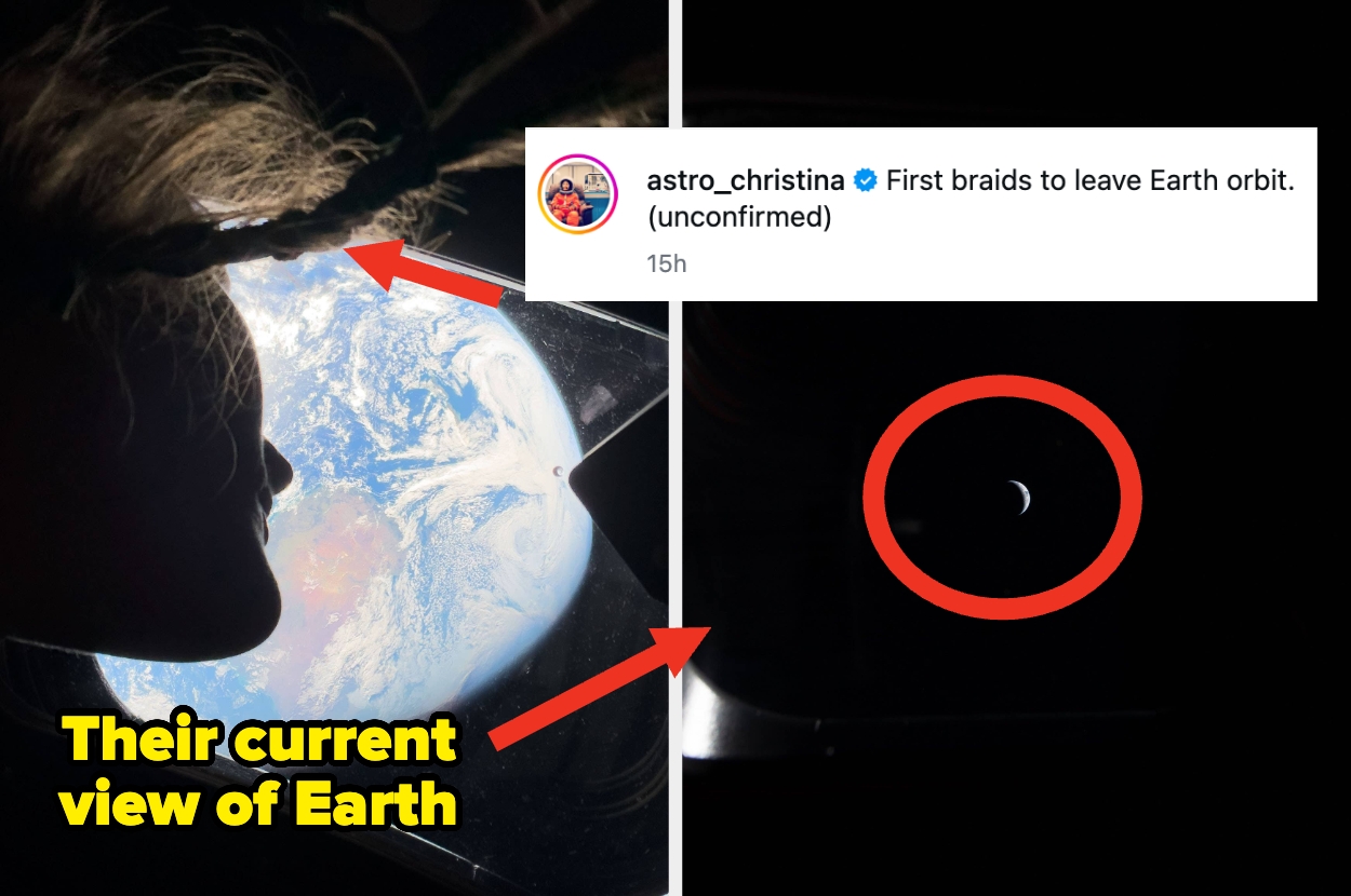 Person's braided hair near space window showing Earth, caption jokingly says "First braids to leave Earth orbit."