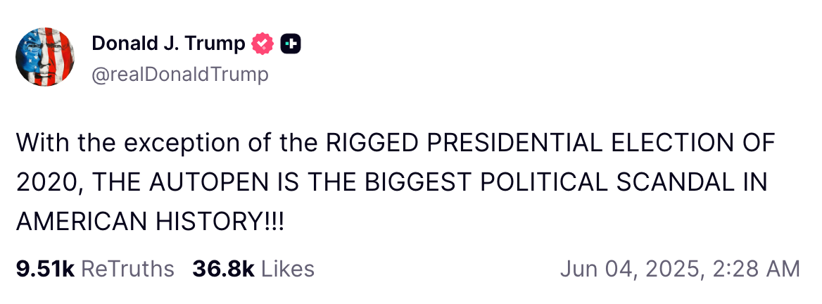 Et innlegg i sosiale medier av Donald J. Trump hevder valget i 2020 og bruken av autopen som store politiske skandaler i amerikansk historie