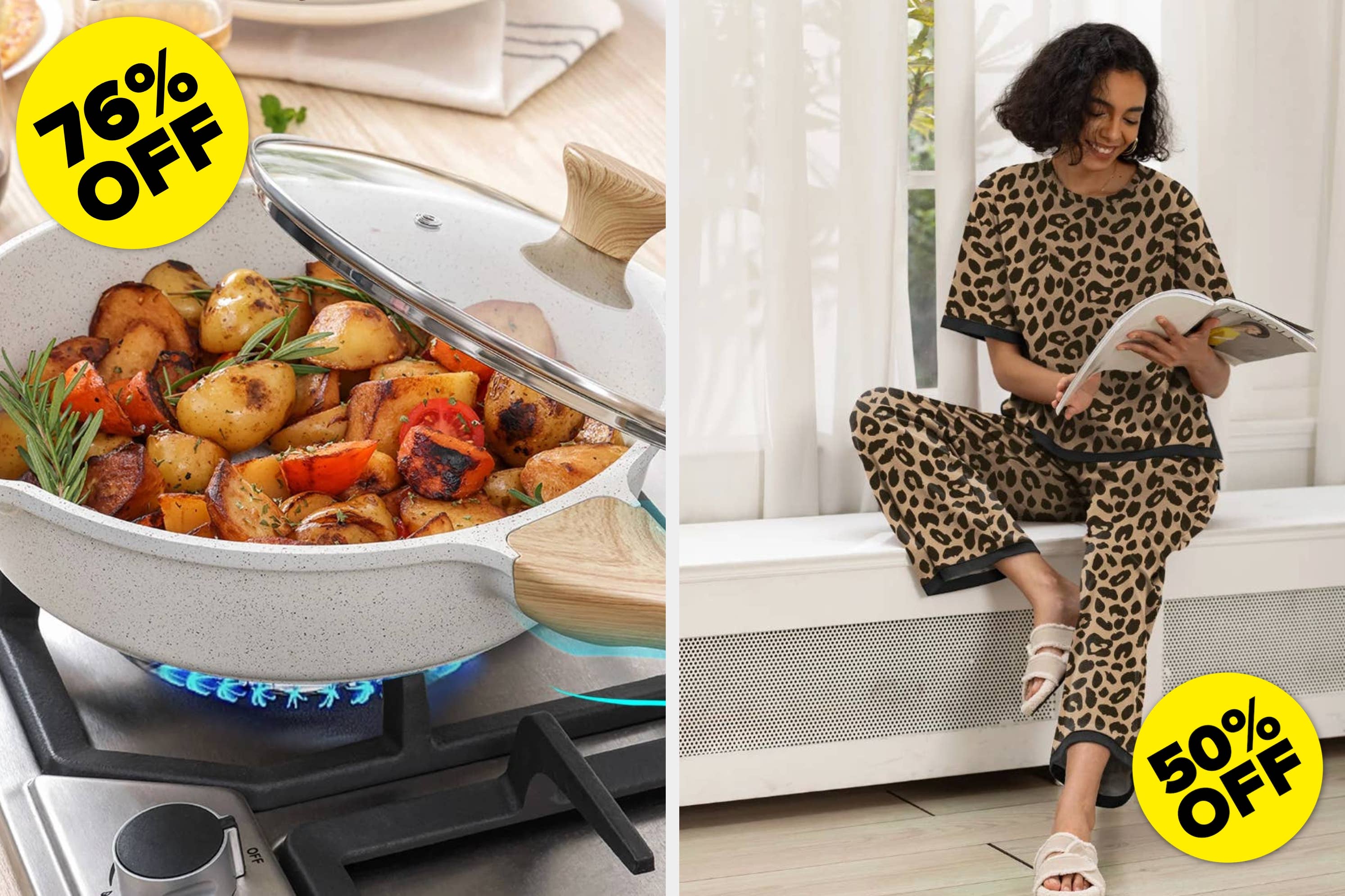 Left: Cookware with roasted vegetables on a stovetop. Right: Person in stylish leopard-print loungewear, sitting and reading