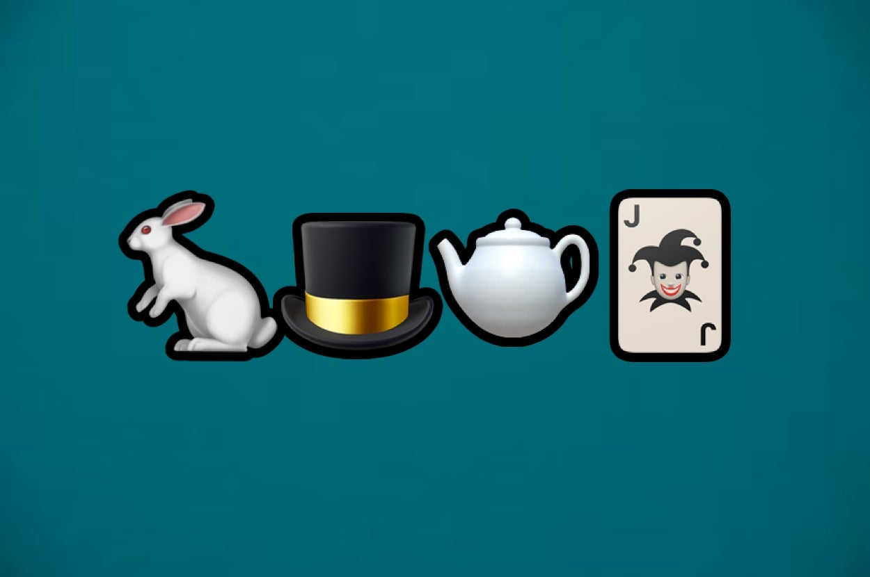 Rabbit, top hat, teapot, and joker card emojis arranged in a row against a plain background