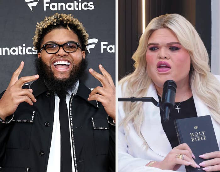  1  smiles successful  a achromatic  jacket, gesturing with hands; the different   speaks into a microphone, holding a book